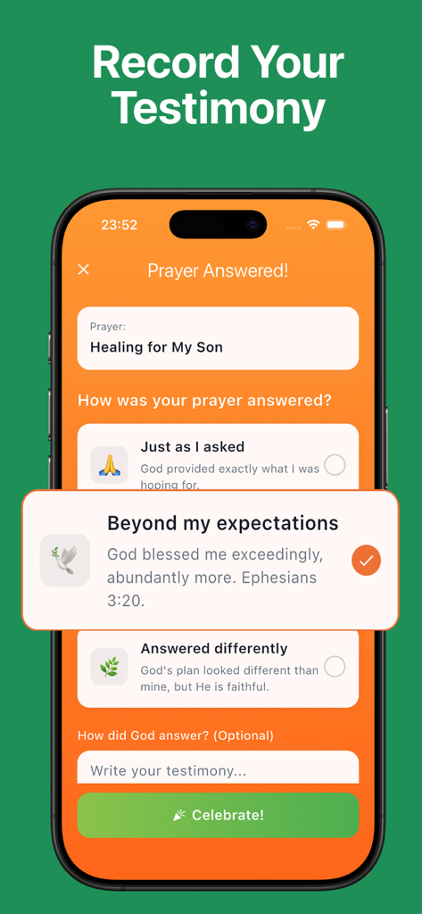 Pray Haven: Christian Journal - Una captura de pantalla de la aplicación Pray Haven que muestra la pantalla 'Registra tu testimonio' donde un usuario puede seleccionar cómo se respondió su oración.