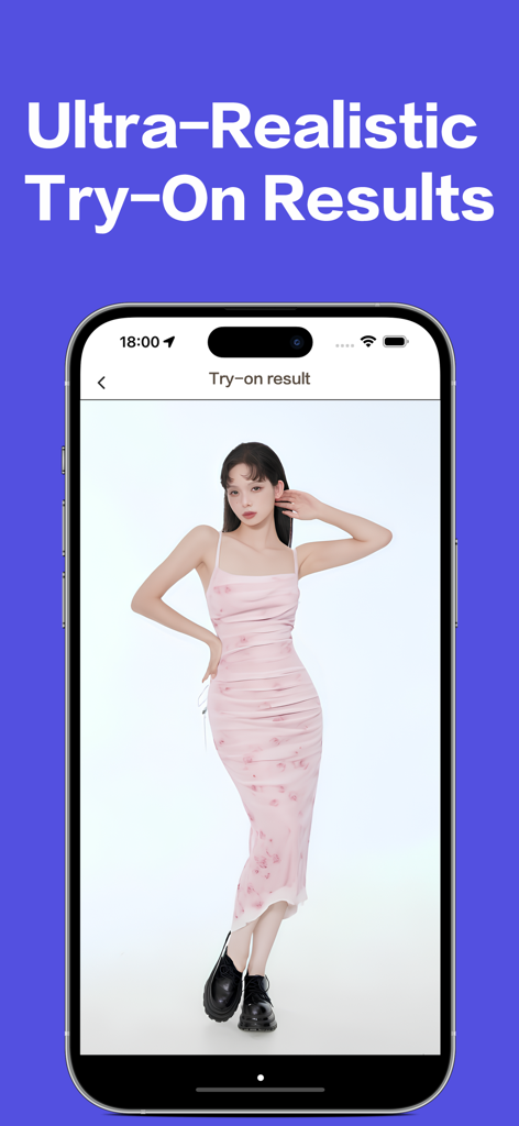 スマートフォン画面に、ピンクのドレスを着た女性のリアルなバーチャル試着結果が表示されています。