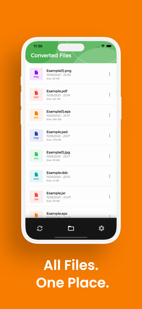 iPhone screen showing a list of converted files in multiple formats including PNG PDF and EPS within the EPS Converter app