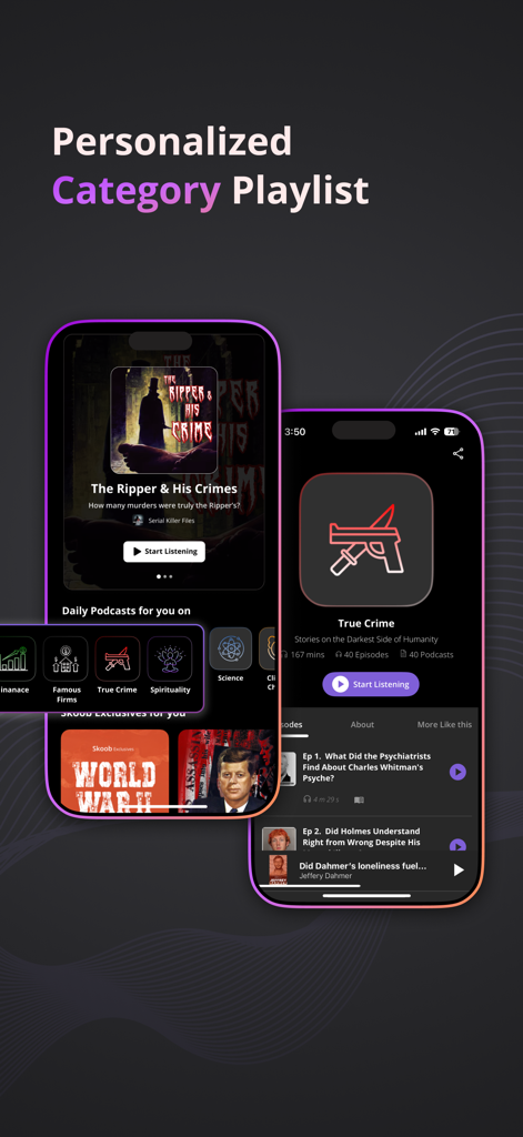 Skoob: NonFiction Podcasts - Skoob app screens showing personalized podcast playlists and a true crime category page.