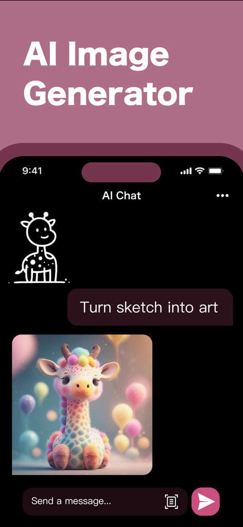 AI Chatbot : Ask AI Anything - Interfaz de una aplicación móvil que muestra un simple boceto de jirafa transformándose en una obra de arte digital vibrante y colorida utilizando IA