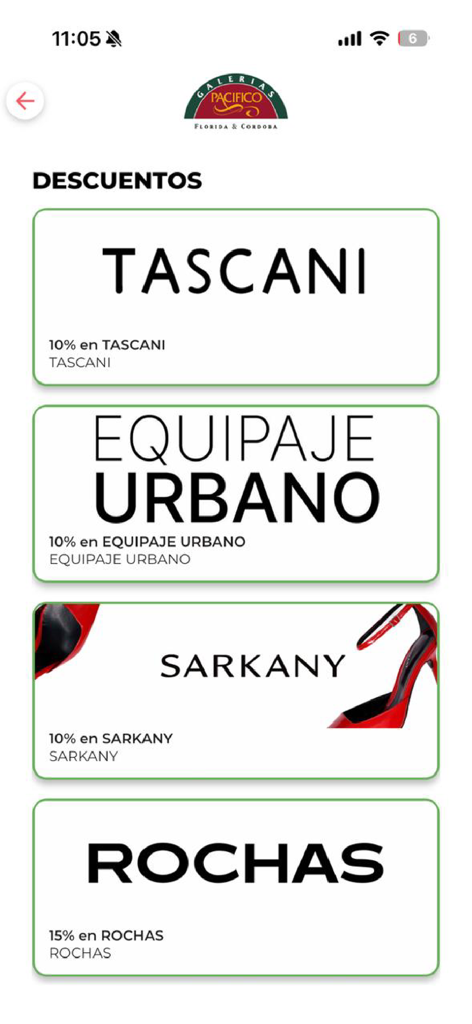 GALERIAS PACIFICO - Galerias Pacifico app screen displaying exclusive brand discounts for shoppers