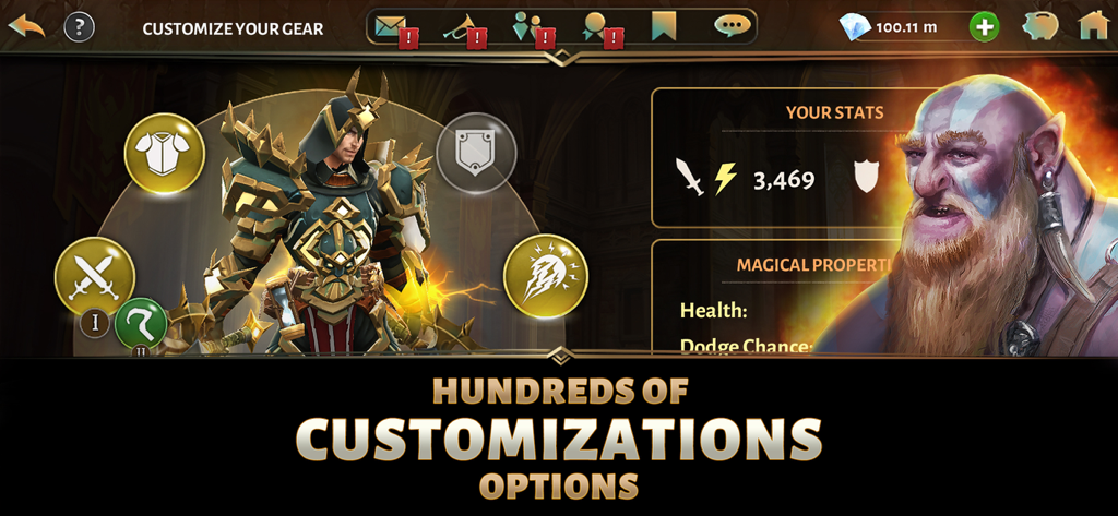 Character customization screen in Dungeon Hunter 5 showing armored warrior and player stats