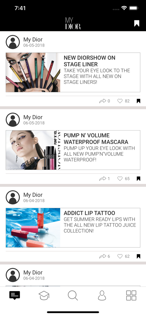 Fil d'actualité de l'application MY DIOR montrant les mises à jour de produits de maquillage pour les professionnels de la vente au détail