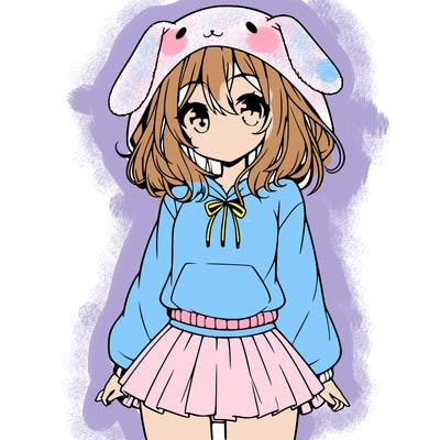 pretty anime girl wearing a fluffy hoodie with bunny ears on the hood and a skirt