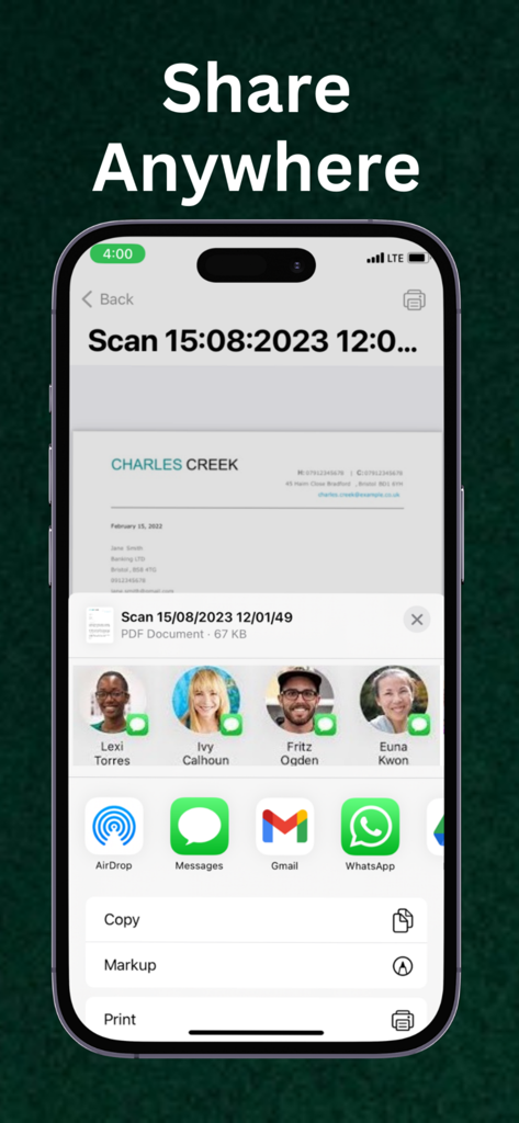 PDF Maker : Photos to PDF App - Pantalla del iPhone mostrando la hoja de compartir en la aplicación PDF Maker con opciones para compartir archivos a través de AirDrop, Mensajes, Gmail y WhatsApp.