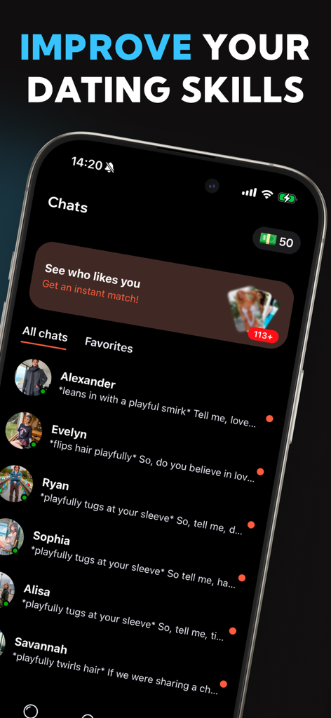 Smartphone screen showing the chat list of the Character AI app under the title Improve Your Dating Skills.