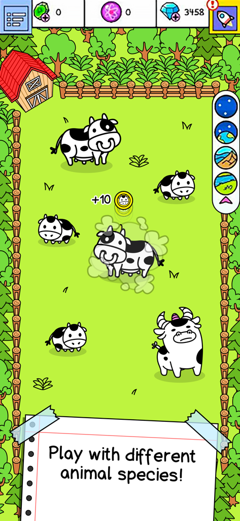 Doodle style cows merging in a green field within the Evolution Galaxy game