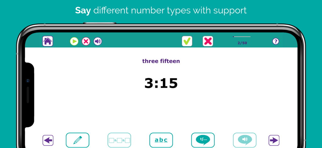 Screenshot der Number Therapy App, der eine Sprachübung zum Üben des Aussprechens der Uhrzeit zeigt