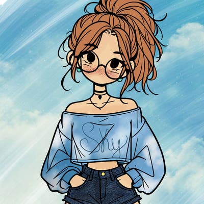 girl with a messy ponytail glasses a baggy crop top and jean shorts