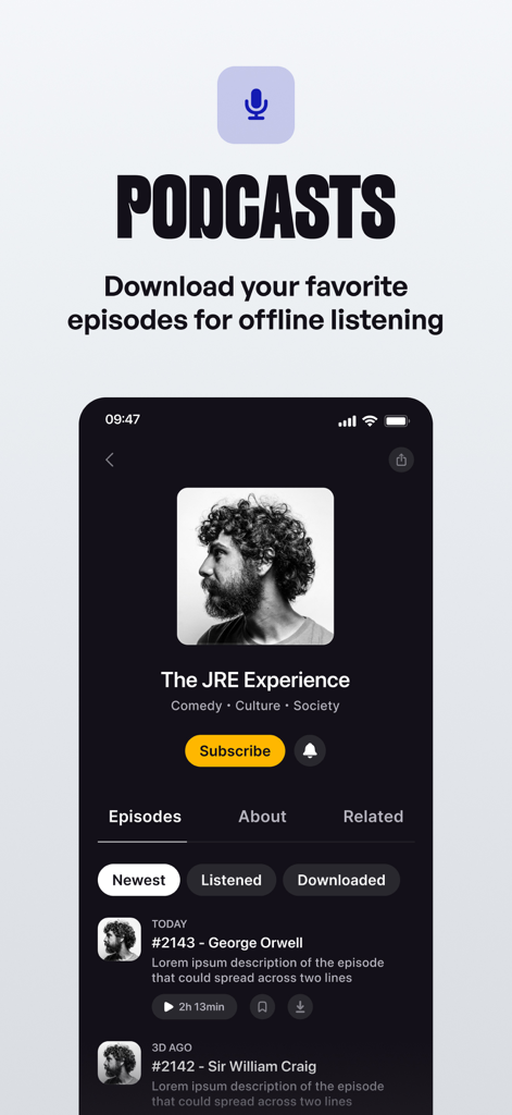 ZenoRadio - Interfaz de la aplicación ZenoRadio mostrando episodios de podcast con una opción para descargar para escuchar sin conexión