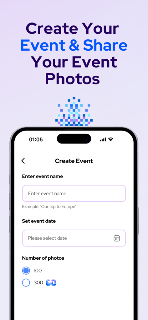 Photier app screen for creating a new event and sharing event photos