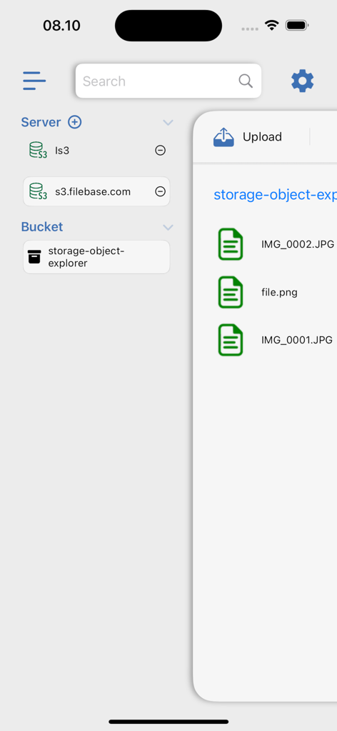 Object Storage Explorer - Mobile interface of Object Storage Explorer app showing a list of cloud files within a storage bucket