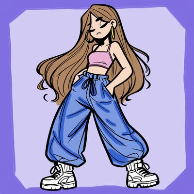 girl in baggy pants crop top and long hair