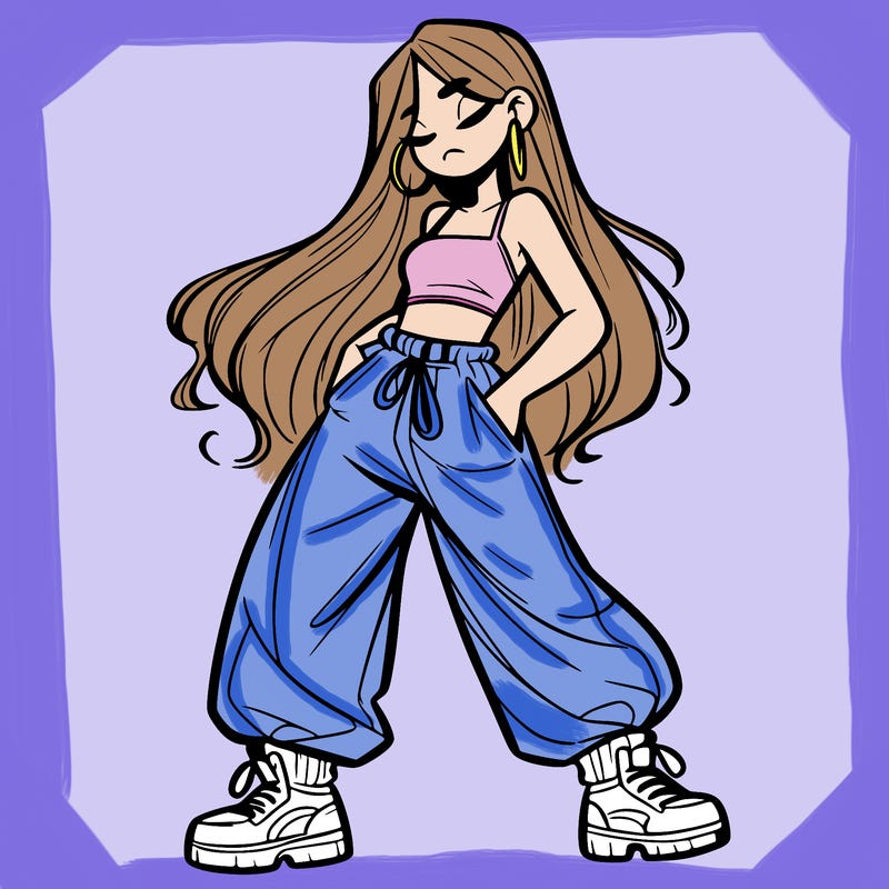girl in baggy pants crop top and long hair