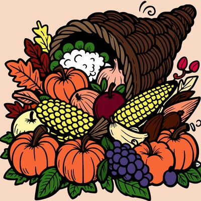 a cornucopia spilling out autumn fruit%2c vegetable