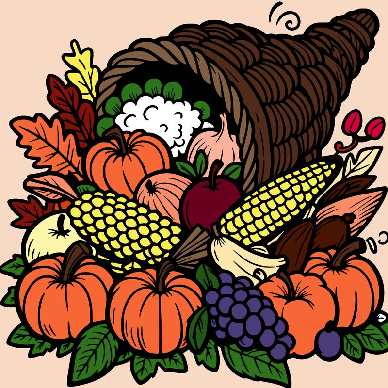 a cornucopia spilling out autumn fruit%2c vegetable