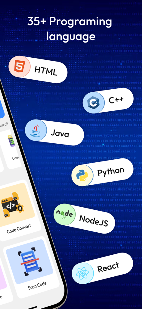 Interface of AI Code Generator app showing support for over 35 programming languages including Python Java and React
