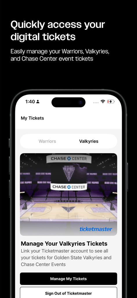 Golden State + Chase Center - チェイス・センターでのゴールデンステート・ヴァルキリーズおよびウォリアーズのデジタルチケットを管理するためのモバイルアプリ画面。