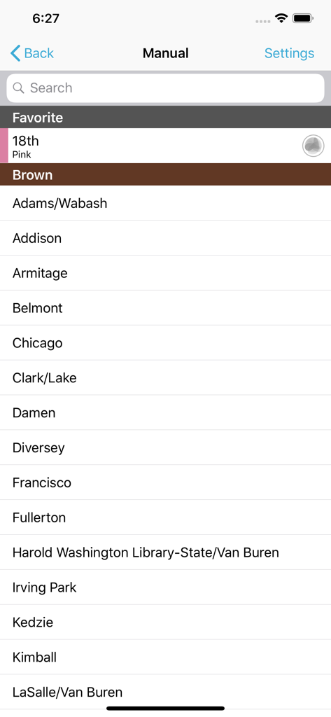 QuickTrain - QuickTrain app manual mode screen showing a list of Chicago CTA train stations