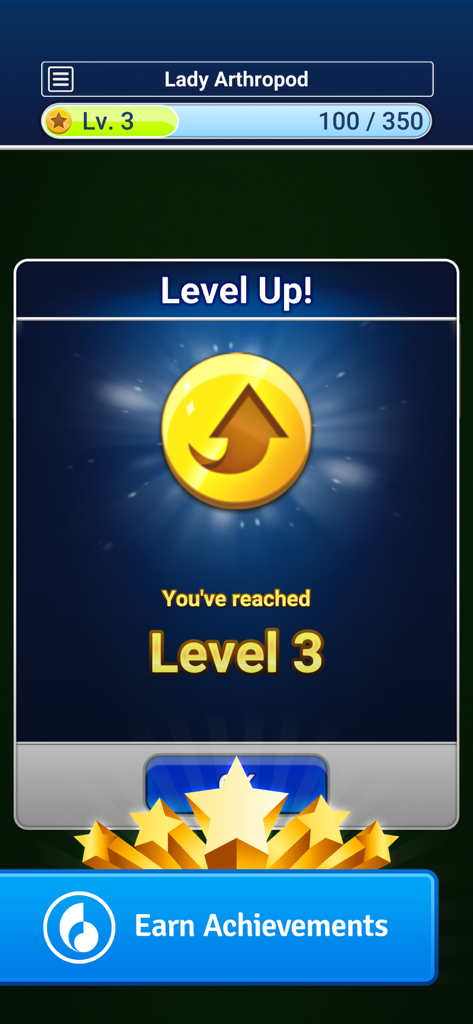 Level up screen in Spider Go Solitaire card game showing Level 3 reached with an earn achievements button