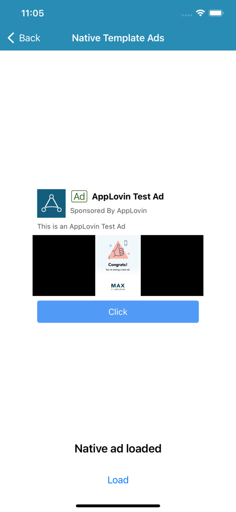 AppLovin Exchange Test App - Screenshot showing native template ad rendering and loaded status in the AppLovin Exchange Test App.