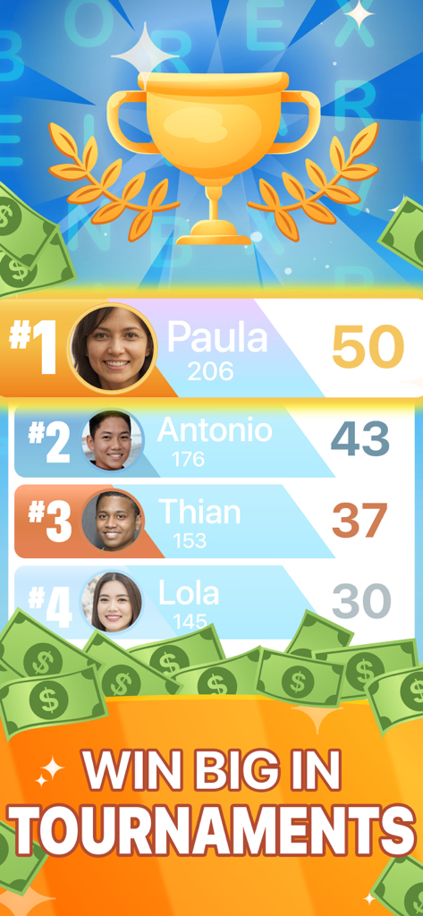 Next Word: Alphabet Cash Quiz - Leaderboard of Next Word Alphabet Cash Quiz showing top players with a gold trophy and cash icons promoting tournament wins