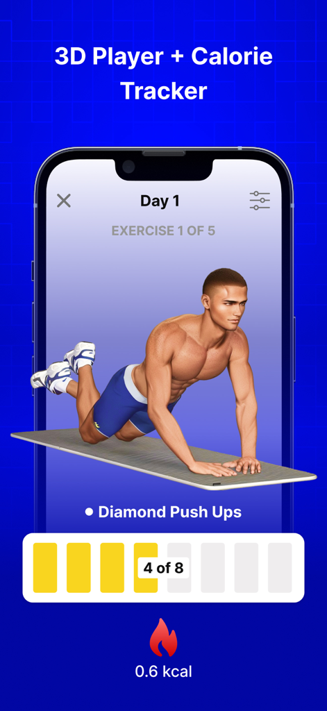A mobile app interface featuring a 3D animation of a man doing diamond push ups with a calorie tracker