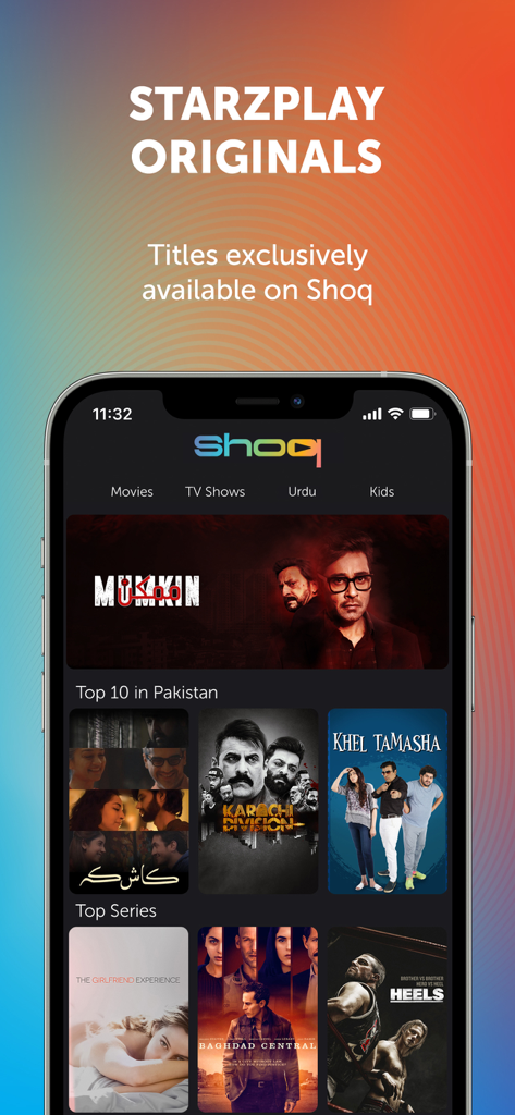 SHOQ – Live TV, Movies & more - Smartphone screen displaying the SHOQ app interface with StarzPlay Originals and top Pakistani TV series.