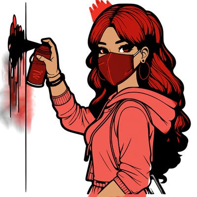 realistic girl with mask spray painting a wall