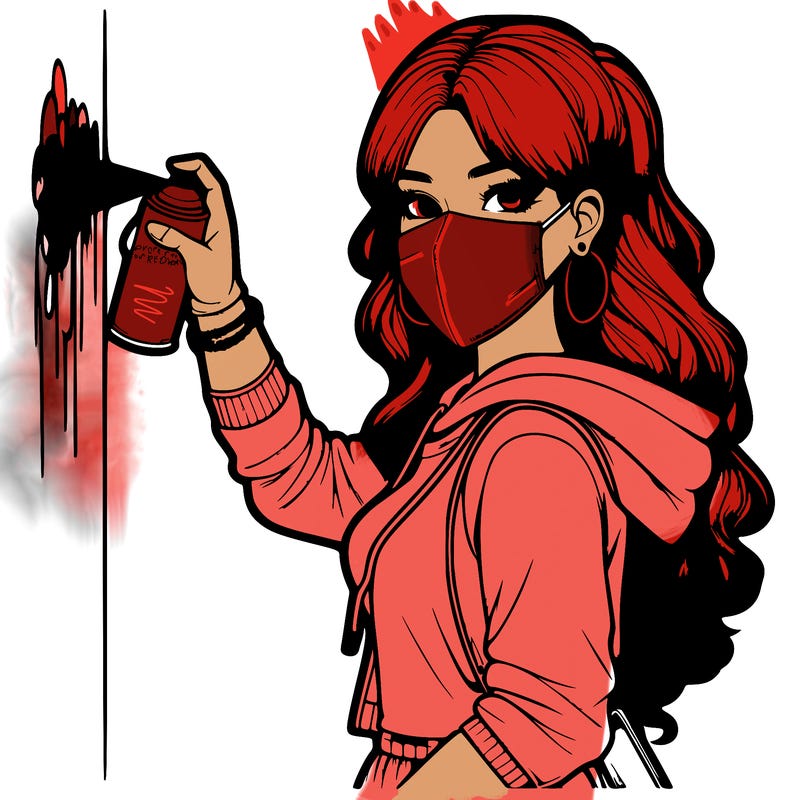 realistic girl with mask spray painting a wall