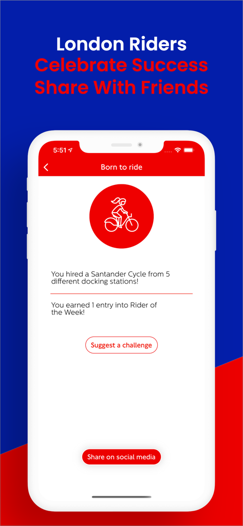 Santander Cycles - Santander Cyclesアプリの画面に、ロンドンライダーチャレンジのアチーブメントとソーシャルメディア共有オプションが表示されています