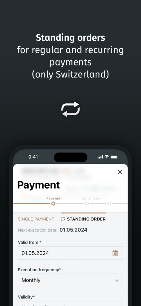 Écran de l'application EFG Banking pour la gestion des ordres permanents et des paiements récurrents.