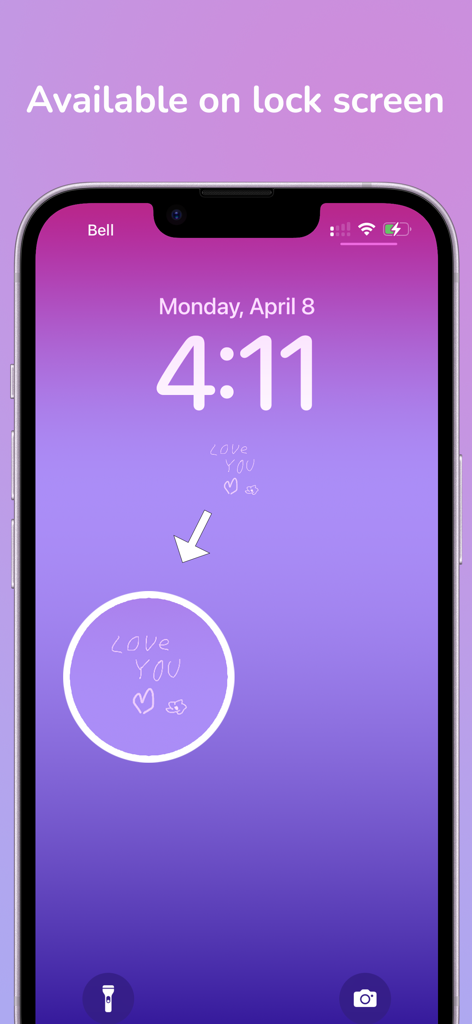 iPhone lock screen showing a hand-drawn love you message on a couple widget.
