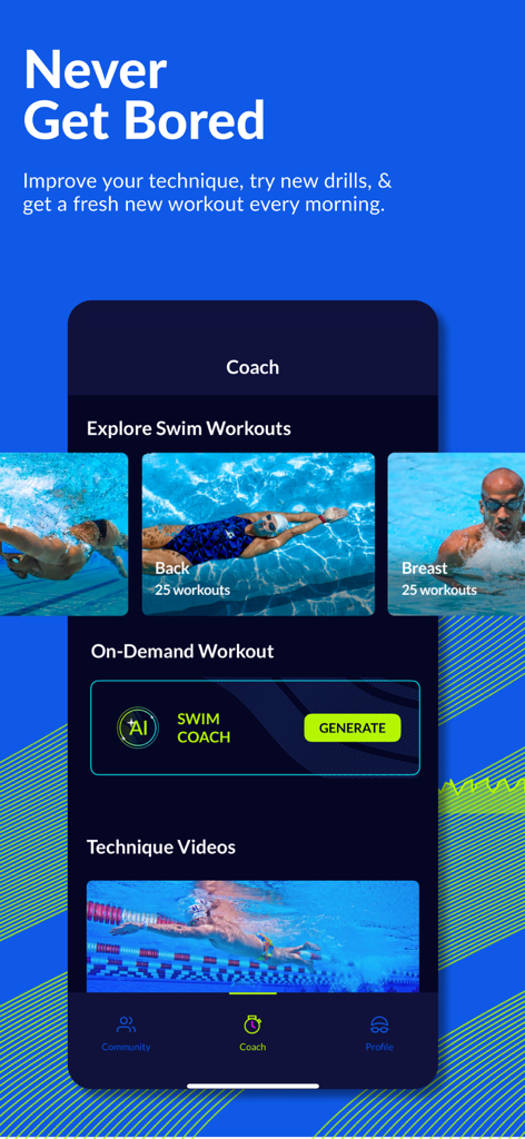 MySwimPro app Coach screen featuring AI generated workouts and swim technique videos