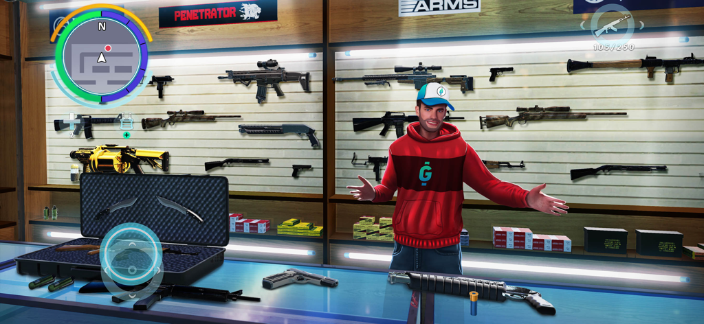 Crime Auto - 크라임 오토에서 소총과 권총에 둘러싸인 총포상에 빨간 후드티를 입은 캐릭터가 서 있습니다.