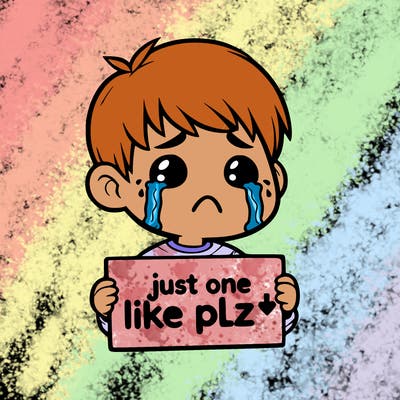 realistic crying boy with a sign saying just one like plz