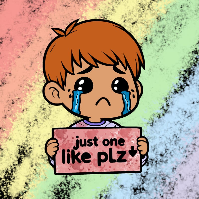 realistic crying boy with a sign saying just one like plz