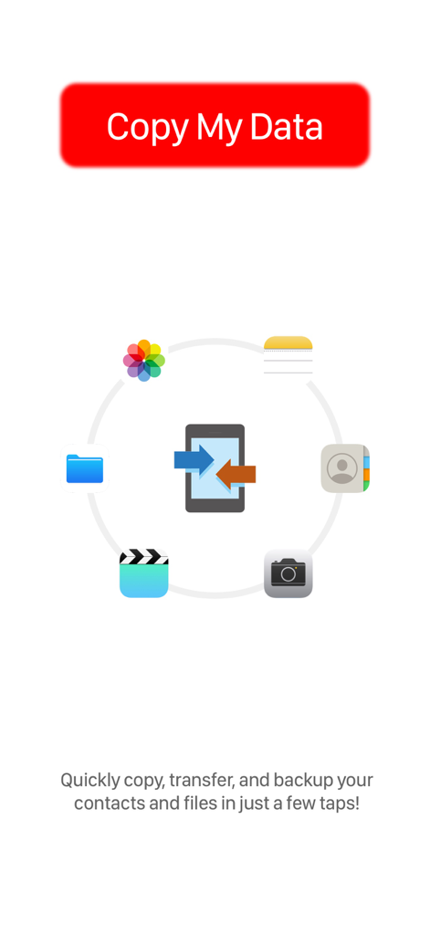 Copy My Data - Pantalla de inicio de la aplicación Copy My Data que muestra iconos de transferencia de datos para fotos, contactos y archivos