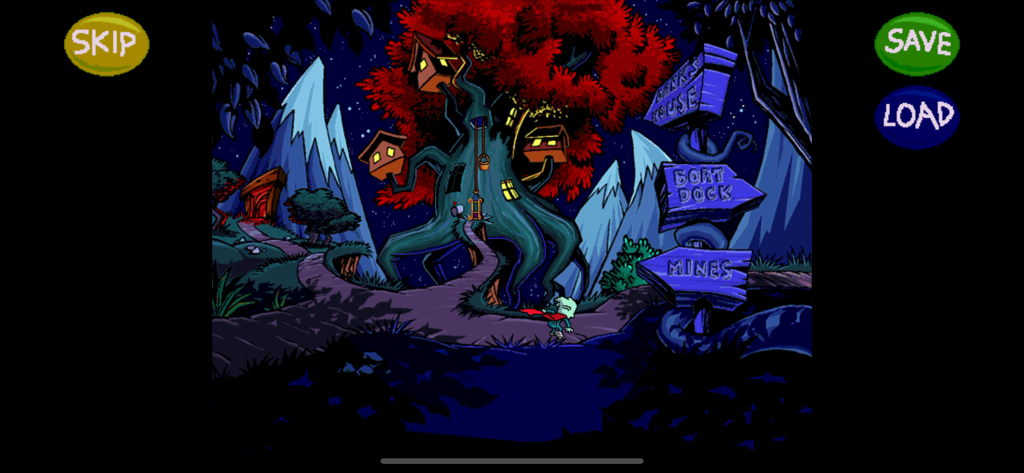 Pajama Sam standing at a crossroads next to a large treehouse and signpost at night