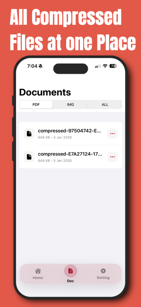 iPhone上で整理された圧縮済みドキュメントのリストを表示するPDF圧縮アプリのスクリーンショット。