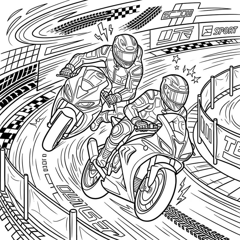Get ready for high-octane fun with this motorcycle racing coloring page, perfect for teens who love speed and competitive sports. This detailed illustration captures two motor racers mid-action, offering an exciting challenge for your creative skills.