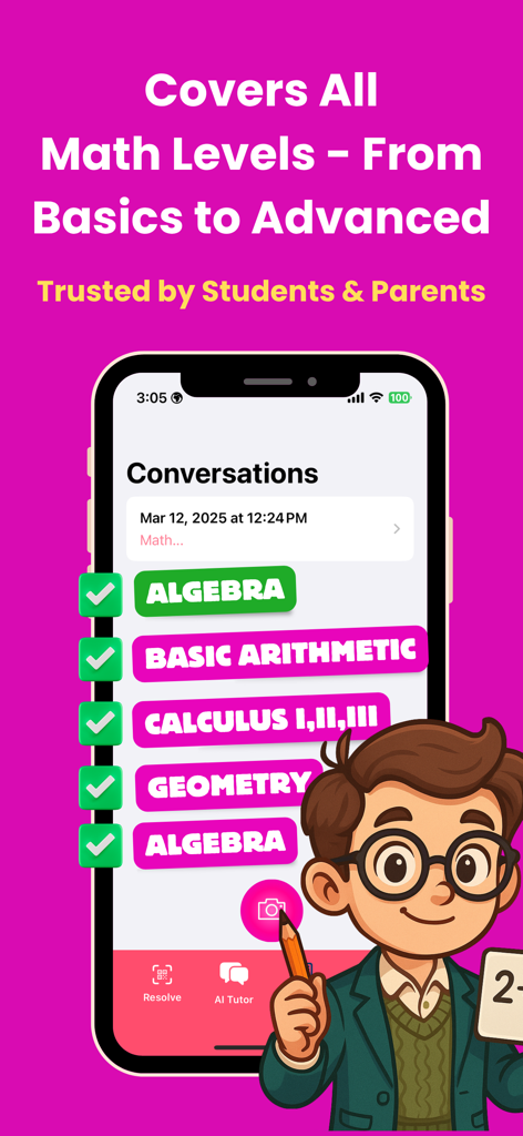 AI Math Helper Homework Solver - AI Math Helper app interface displaying a list of supported math subjects including Algebra Calculus and Geometry
