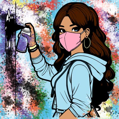 realistic girl with mask spray painting a wall