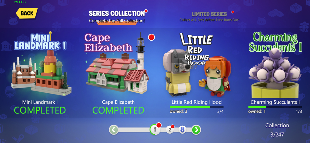 Buildit - Chill Brick Game - The series collection menu in the Buildit app showing completed and in-progress brick sets like landmarks and succulents.