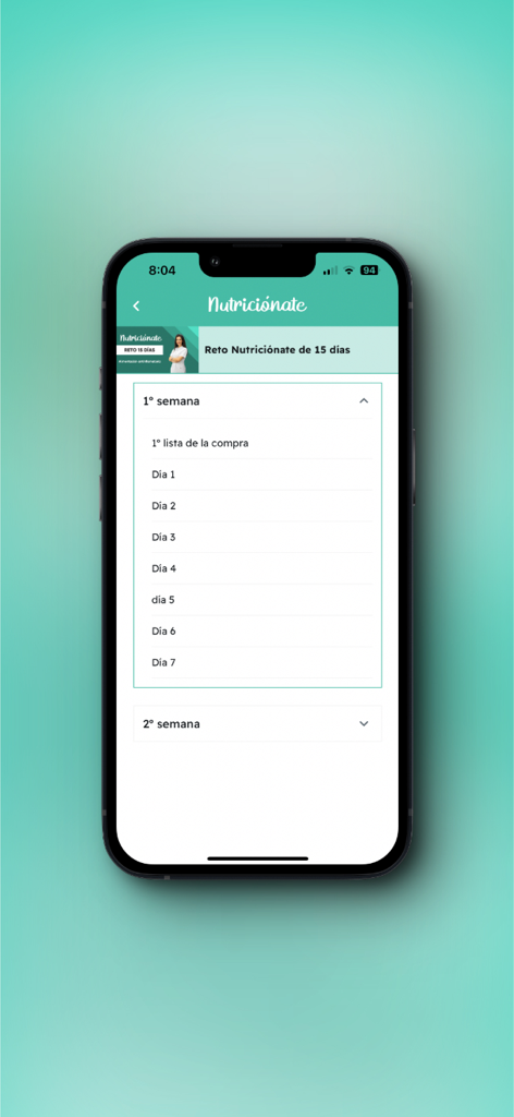 Nutricionate - Nutricionate app interface displaying a 15 day healthy meal plan challenge