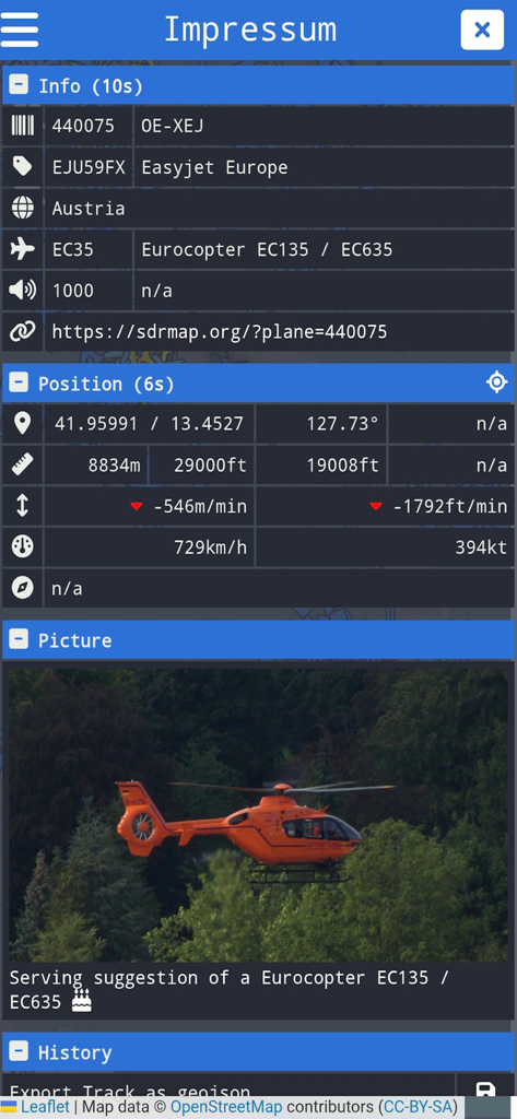 Radar Map - Detailed aircraft information panel in the Radar Map app displaying flight position and a Eurocopter helicopter image