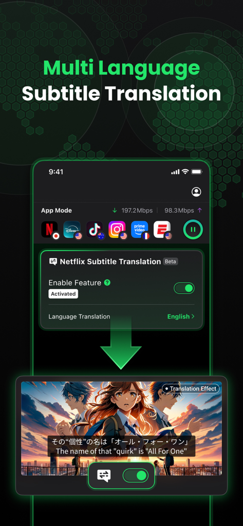 SafeShell VPN: Fast & Secure - SafeShell VPN app interface showing the multi-language subtitle translation feature for streaming content