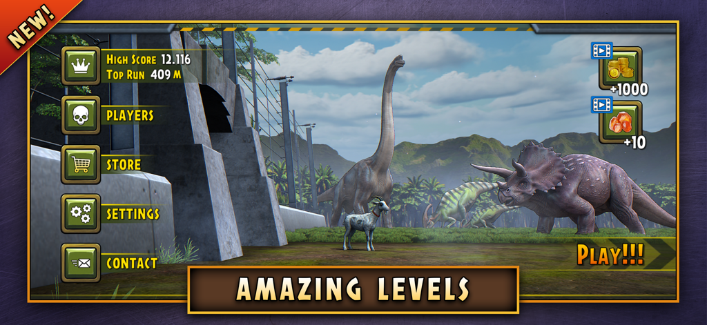 Jurassic Survivor: Evolved - Menú principal de Jurassic Survivor Evolved mostrando dinosaurios y botones de navegación del juego