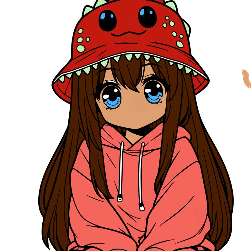 girl with anime shaped eyes with a dinosaur bucket hat oversized sweatshirt long straight hair